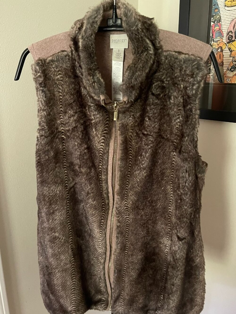 CHICOS Vest - Faux Fur / Sweater Back - Brown - Chicos Size 1 - US Size 8/10
